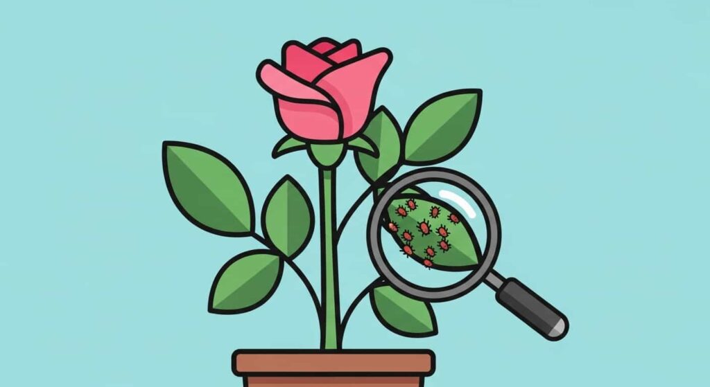 Cartoon of an indoor rose plant with pests highlighted by magnifying glass, symbolizing common indoor pests