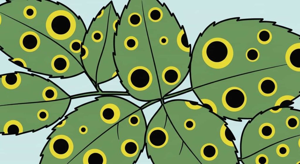 Cartoon of rose leaves infected with black spot fungus