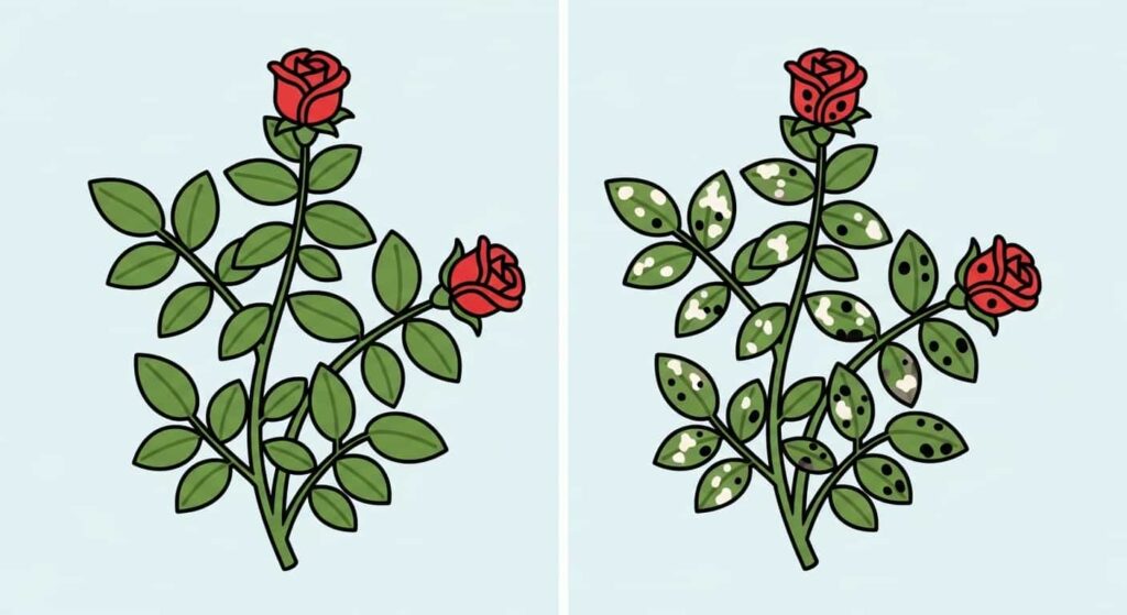 Cartoon comparing healthy rose plant to one affected by fungal diseases like mildew and black spot