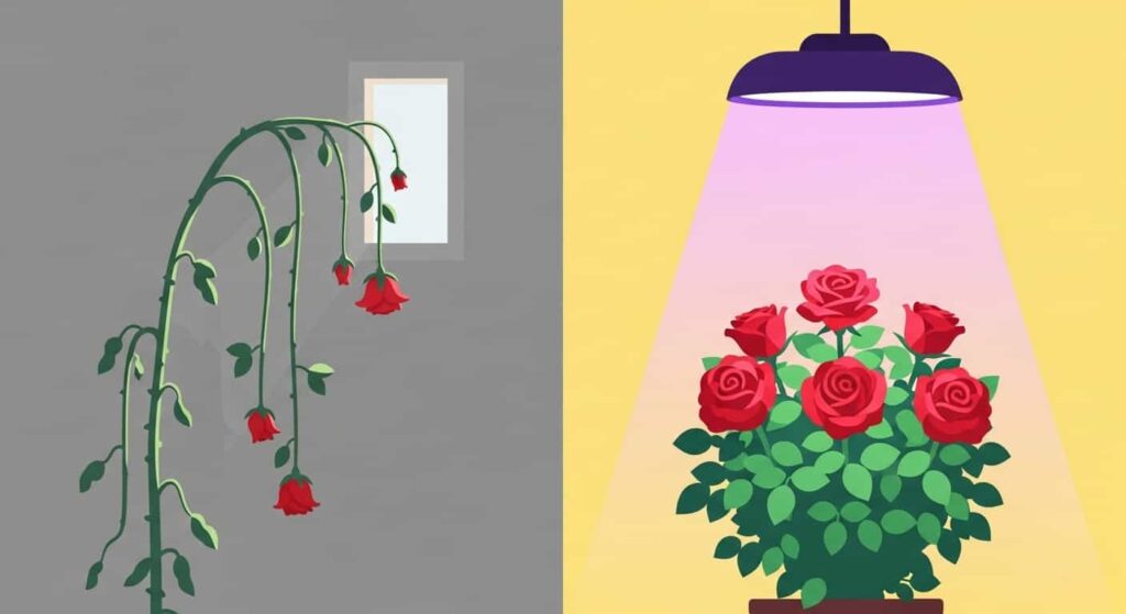Cartoon comparing leggy rose growth from poor light to healthy compact growth with proper light
