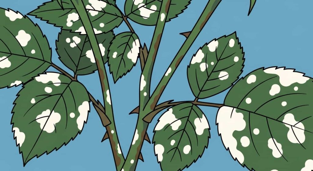 Cartoon of rose leaves showing white powdery mildew disease
