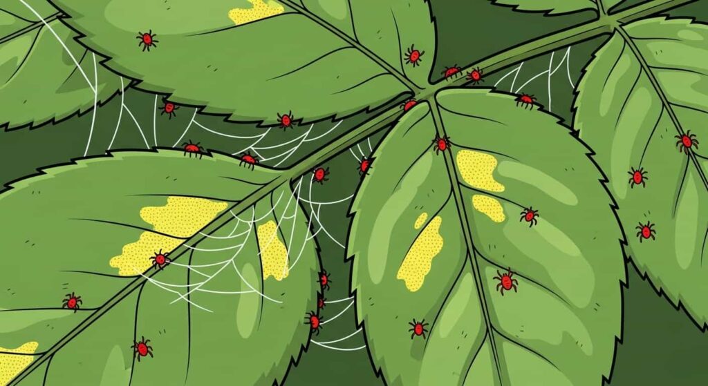Cartoon of rose leaves with spider mites, webbing, and yellow speckled damage