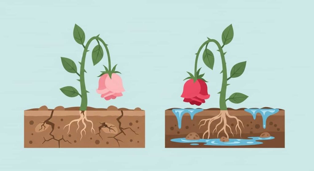Cartoon of wilting roses caused by underwatering versus overwatering