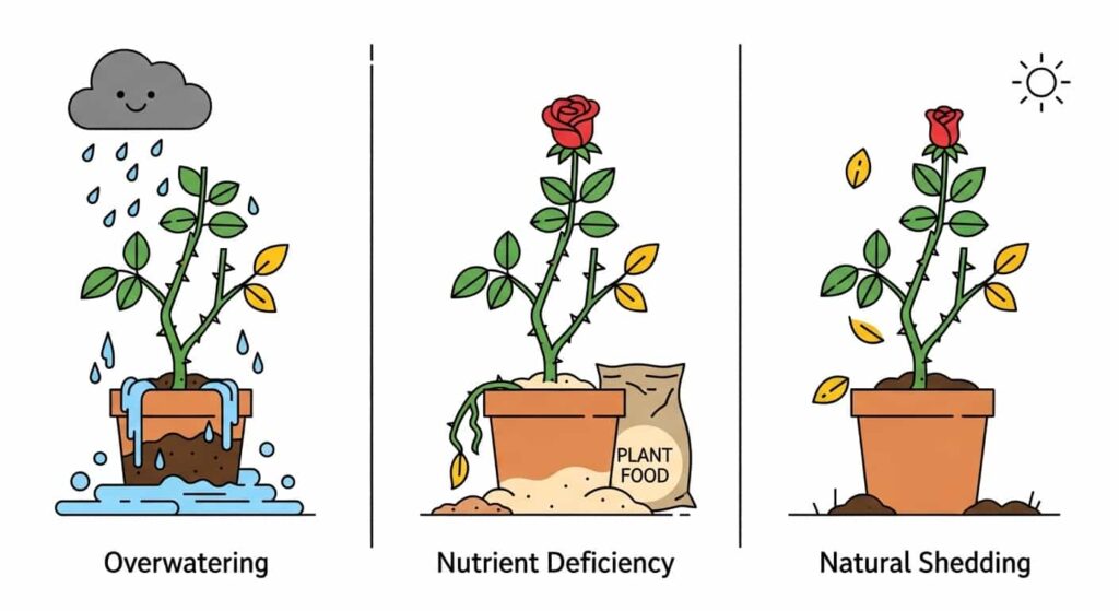 Cartoon of rose with yellow leaves from watering and nutrient issues
