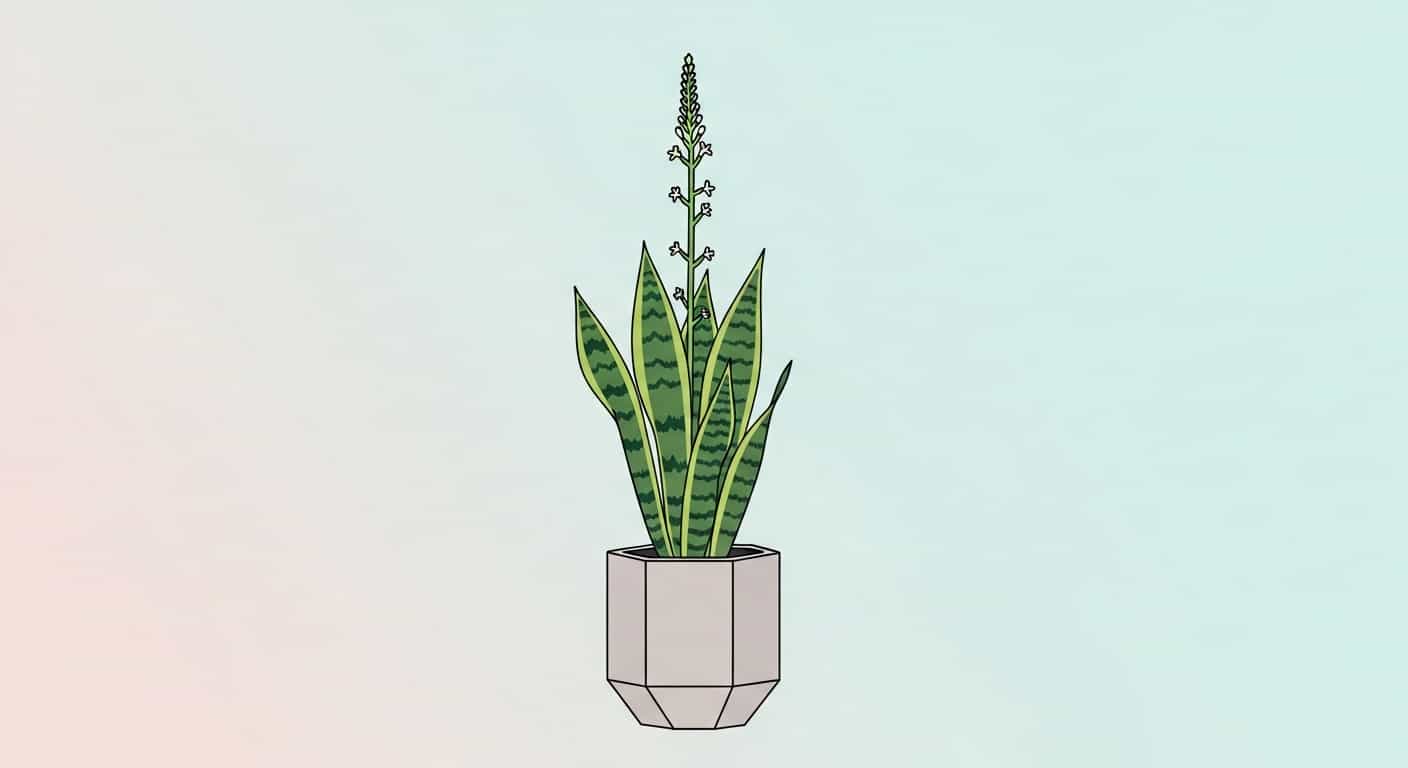 Flat illustration of a blooming snake plant in a pot on solid background