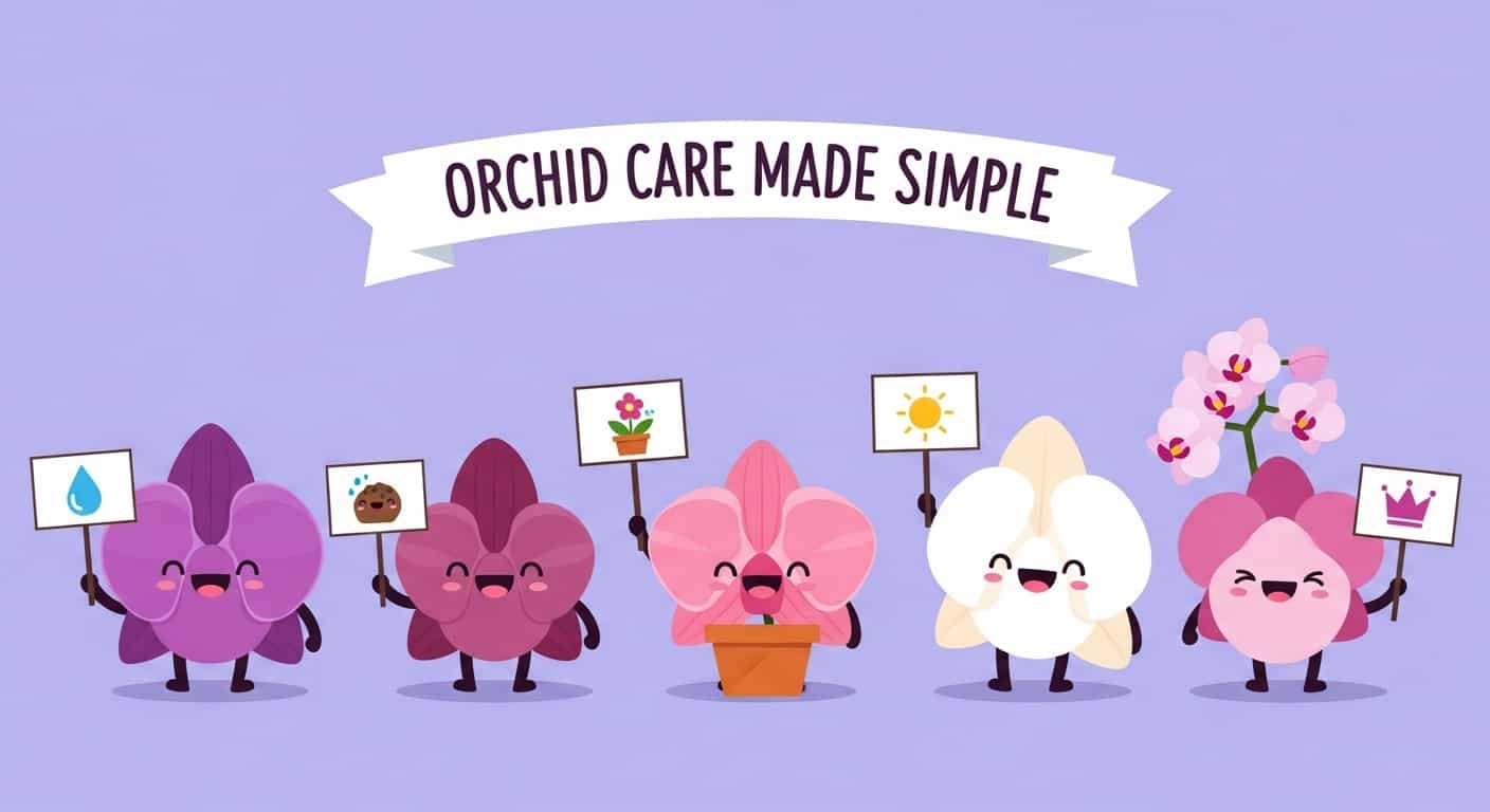 Cartoon orchids with icons representing the five most common orchid care mistakes under a title banner
