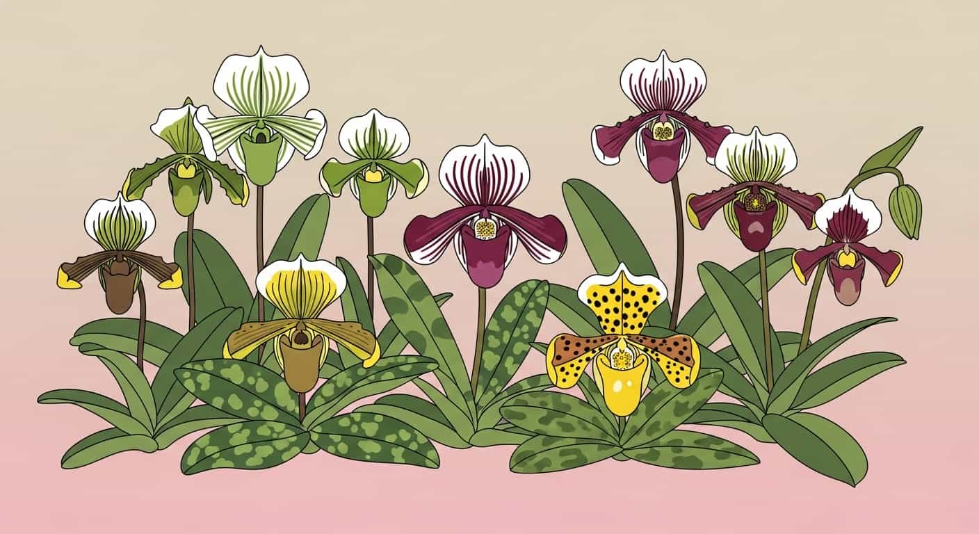Cartoon of multiple Paphiopedilum slipper orchids in different varieties displayed together on a flat beige and pink background