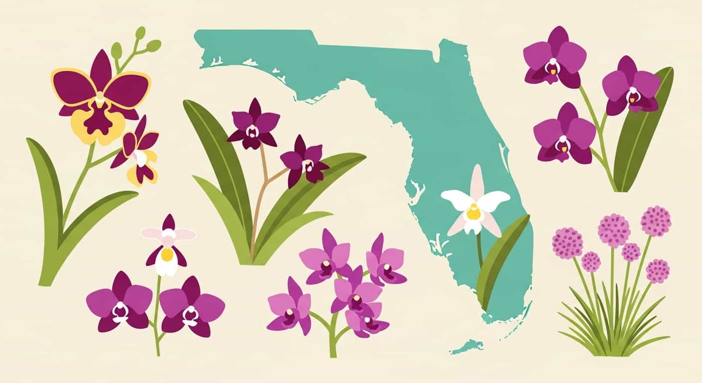 Cartoon collage of Florida orchids—Butterfly, Cigar, Ghost, Ladies’ Tresses, Grass Pinks—around a Florida state outline, soft-beige background