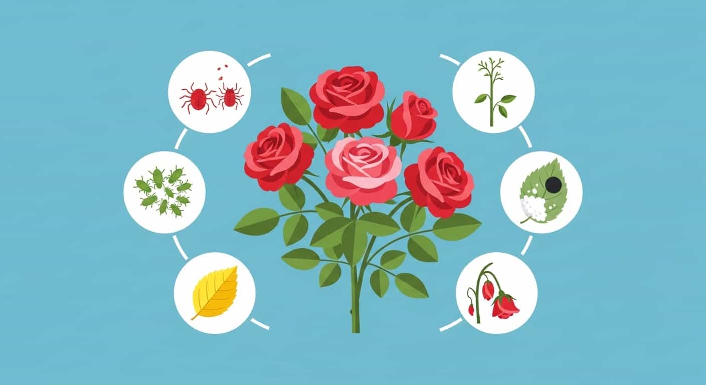Cartoon featured image showing indoor rose problems around a healthy central rose