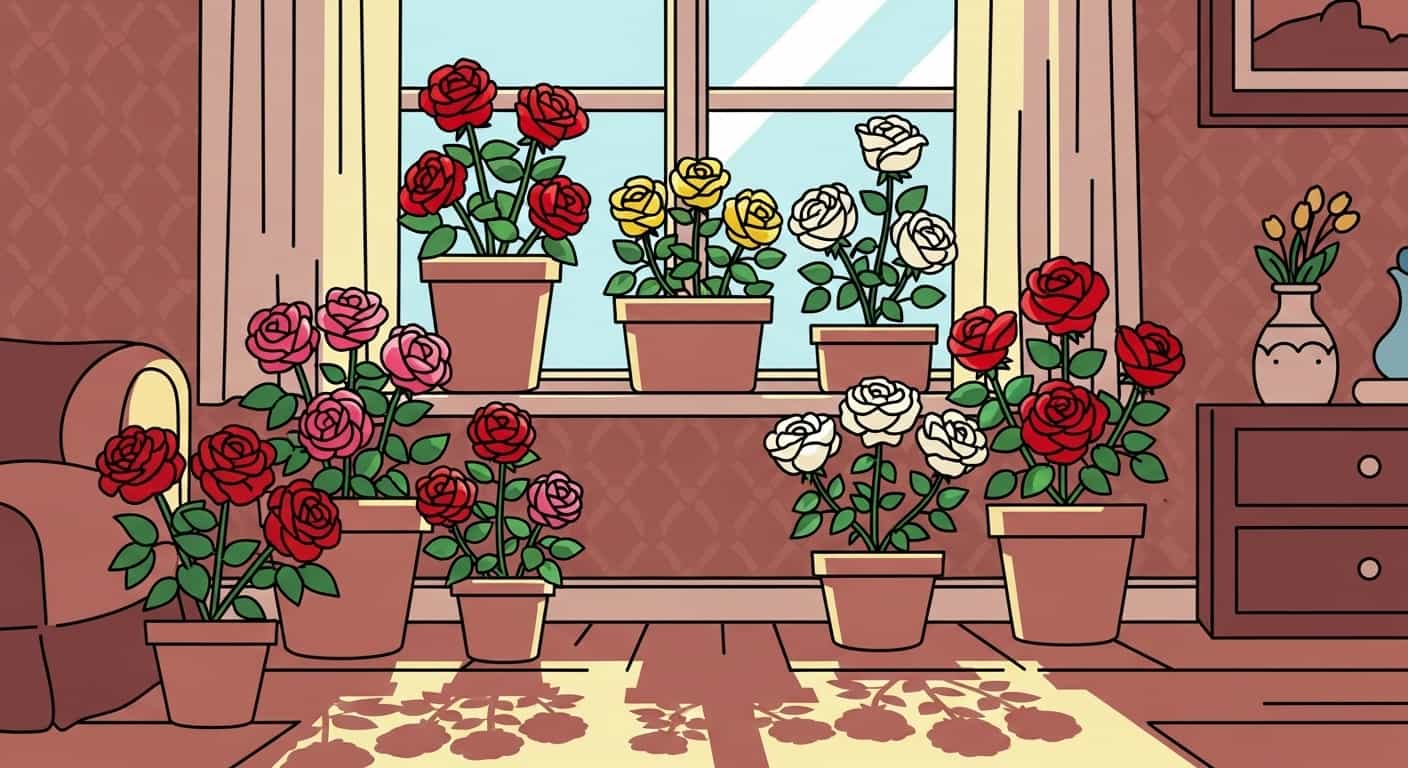 Cartoon image of various blooming rose plants indoors on a sunny windowsill, representing the complete indoor rose gardening guide