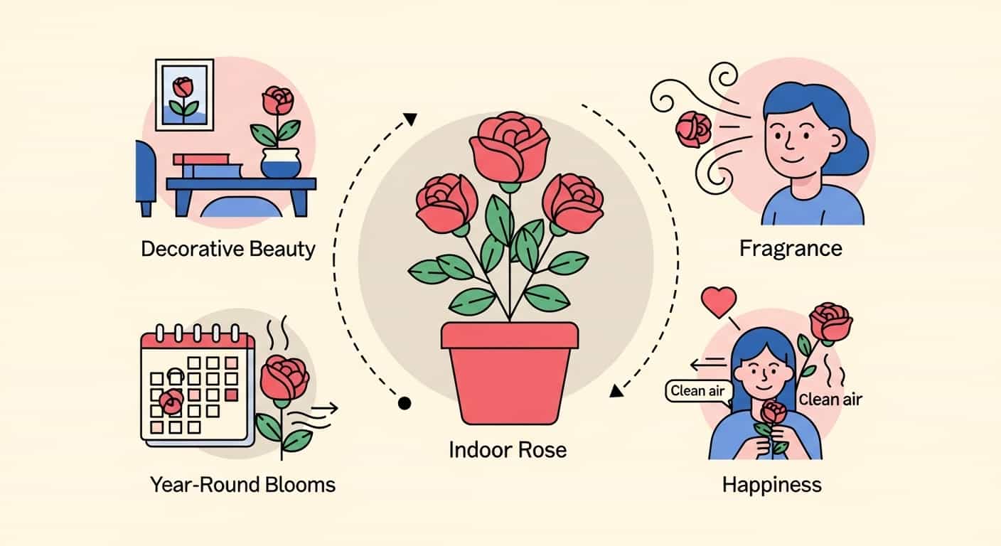 Cartoon featured image showing multiple benefits of growing indoor roses
