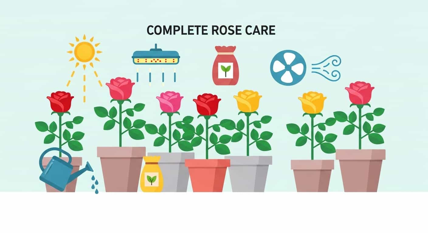 Cartoon image of healthy roses indoors with care symbols for light, water, nutrients, and airflow, representing the rose care guide