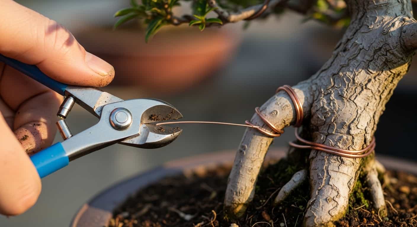 Close-up of stainless steel bonsai wire cutters snipping copper wire from a tree's surface roots during nebari root work.