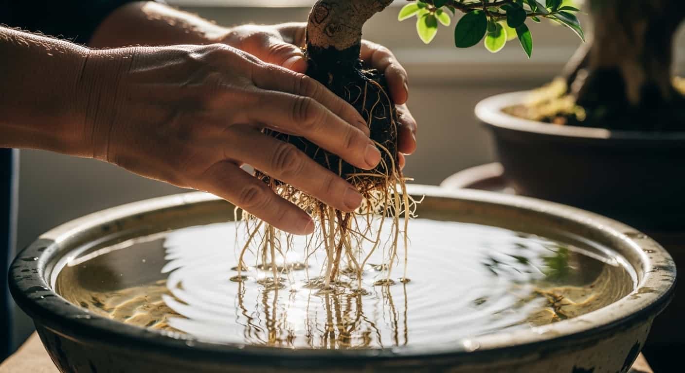 Bonsai tree roots submerged in clear water being pruned by hands in ceramic basin with sunlight reflections