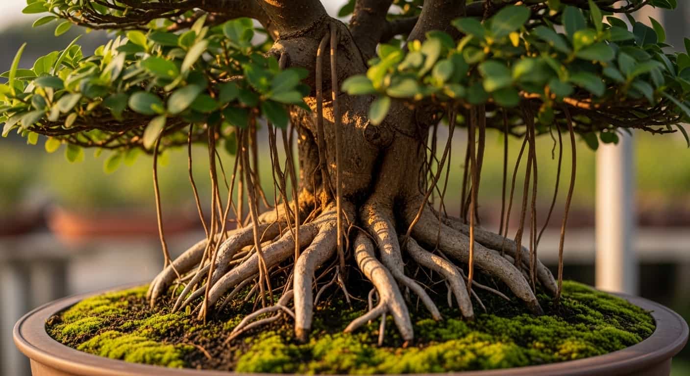 Mature banyan bonsai tree displaying dramatic aerial roots and exposed nebari root system in shallow ceramic pot, morning golden hour lighting