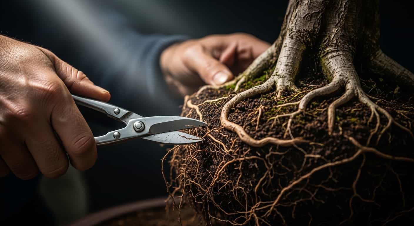 Close-up of bonsai root pruning shears touching the root mass of a Japanese Maple tree, symbolizing the precise and critical timing required for the procedure.
