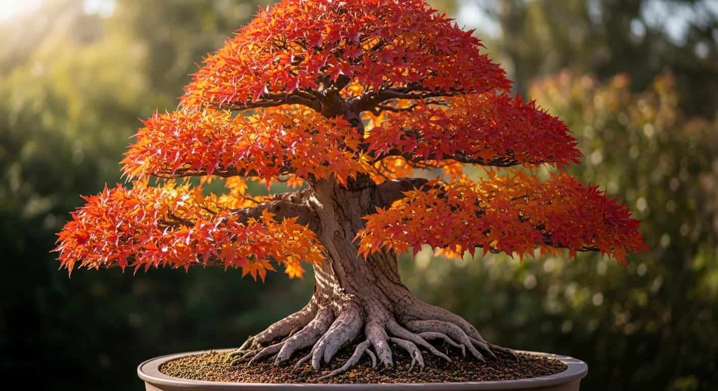 Hyper-realistic close-up of a mature trident maple bonsai tree showcasing dramatic flared nebari and vibrant red autumn leaves in a shallow pot.