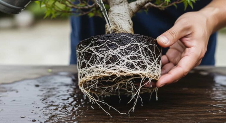 Hyper-realistic close-up of a root-washed Japanese Maple bonsai, showcasing its intricate radial root system (nebari) being gently rinsed during repotting.