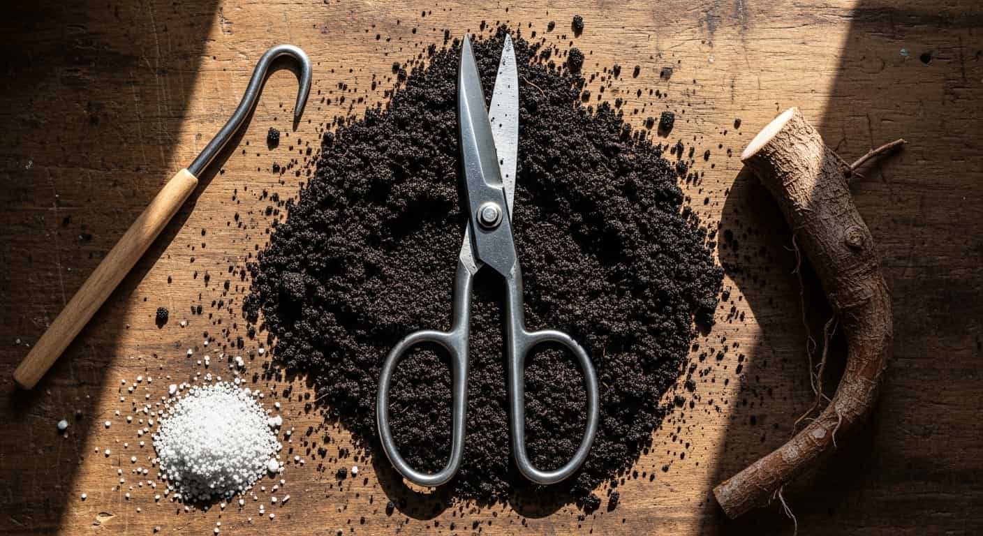 Overhead shot of essential bonsai root pruning tools, including stainless steel scissors and a wooden root hook, resting on fresh Akadama soil.