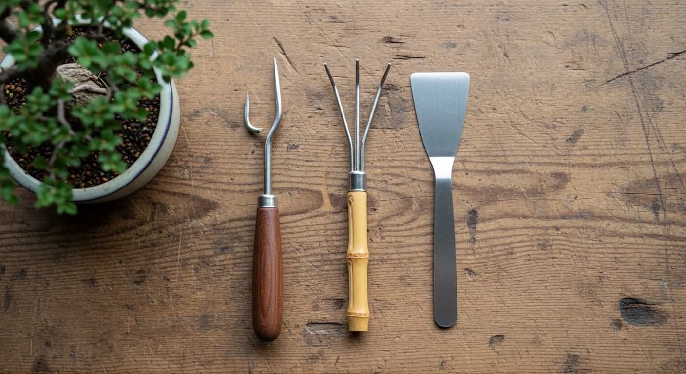 A flat lay of essential bonsai root hook tools on a wooden workbench, including a single-tine hook, a three-tine rake, and a spatula, with a bonsai tree in the background.