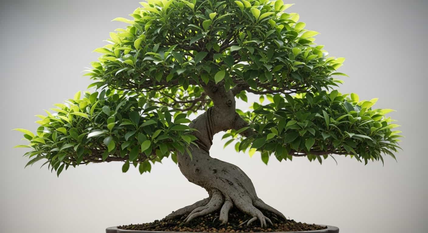 A stunning mature Ficus Bonsai tree displayed in a ceramic pot, showcasing its intricate trunk and lush green canopy, representing the art of bonsai.