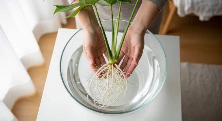 Close-up view of a gardener washing and cleaning the bare roots of a Monstera plant in a clear glass bowl, showcasing the root washing process for repotting or hydroponic transition.