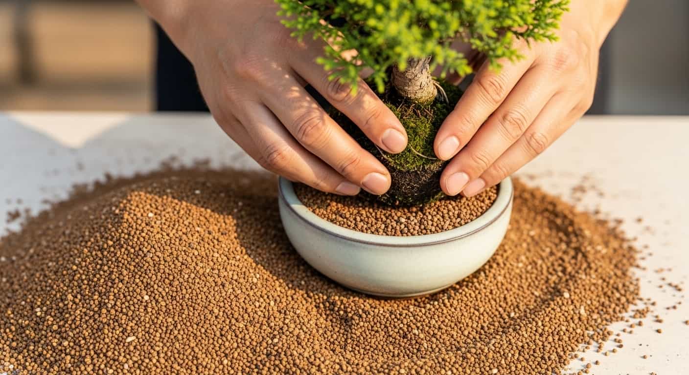 Close-up of hands repotting a bonsai tree into a new ceramic pot with fresh granular soil, illustrating the critical step of planting after root pruning.