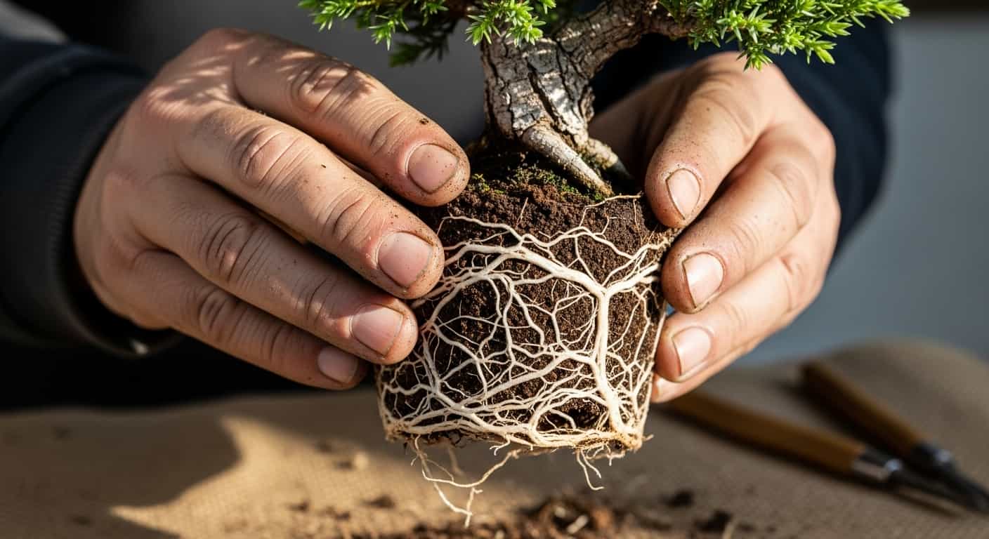 Close-up of hands holding a bare-root juniper bonsai after washing, highlighting the intricate root structure against a soft background.