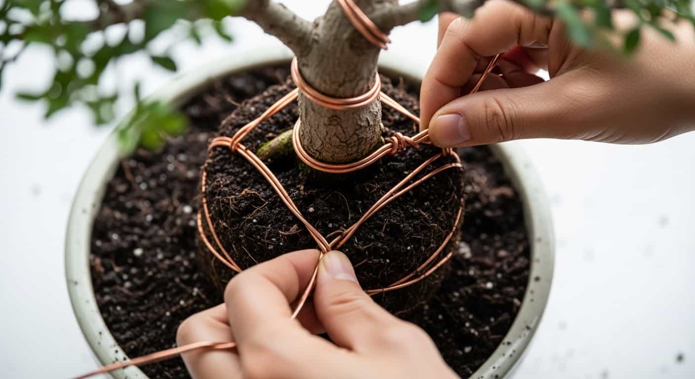 Close-up of hands wiring a bonsai tree into a ceramic pot with copper wire after repotting, showing the correct technique for anchoring the tree.