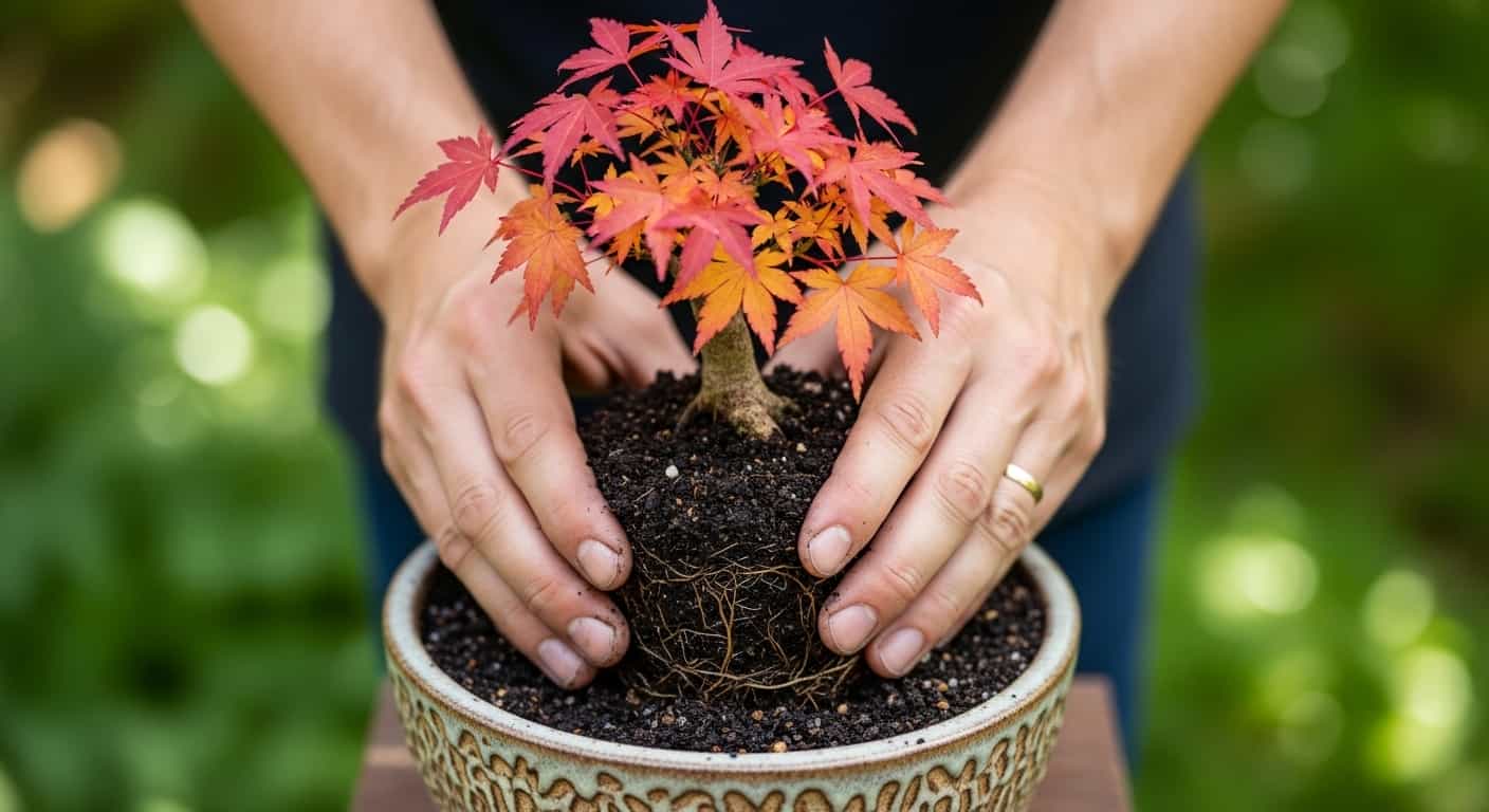 Freshly repotted Japanese Maple bonsai tree in a ceramic pot, held by gardener's hands in a peaceful garden setting.