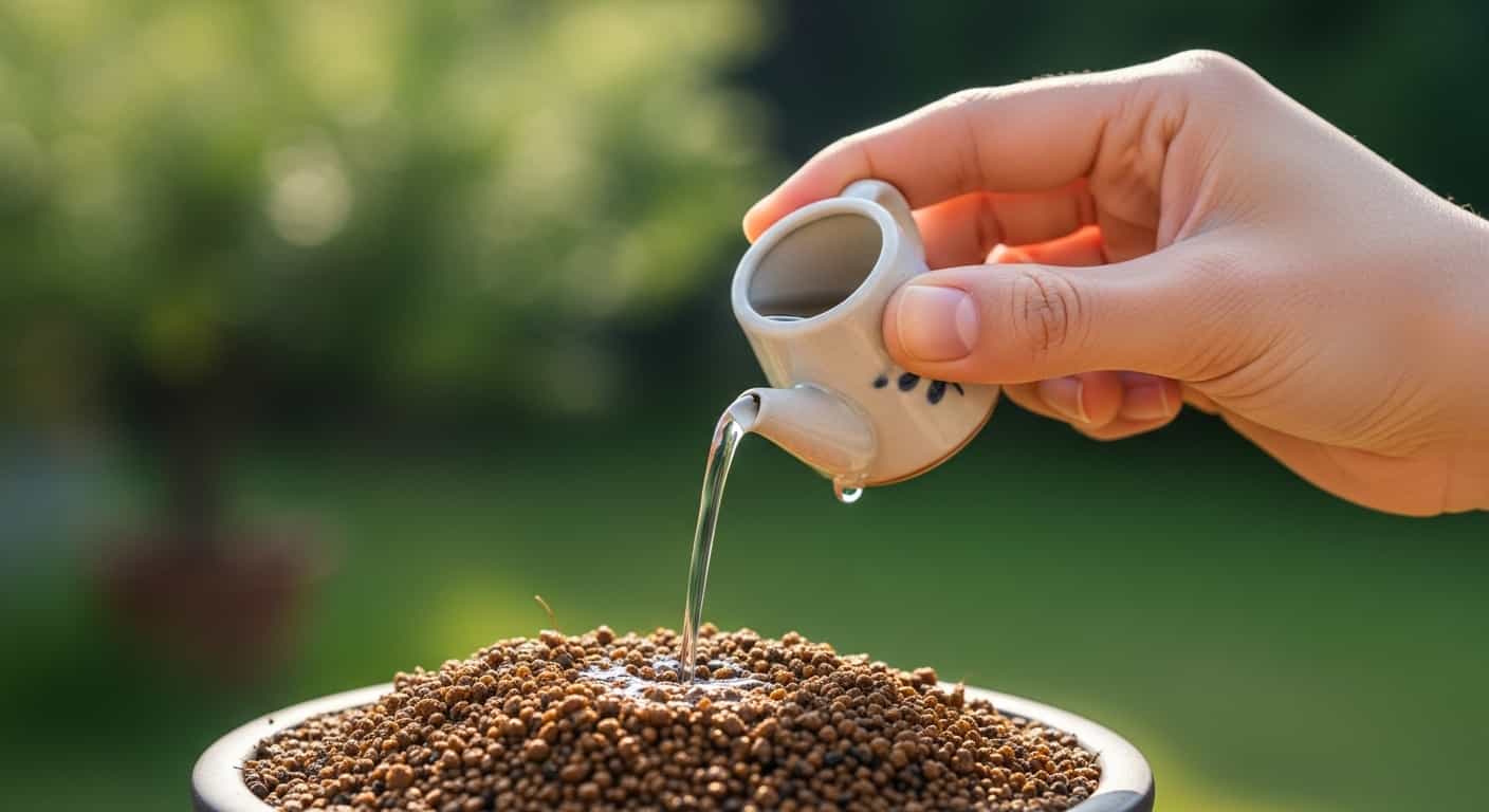 Close-up of a hand watering a freshly repotted bonsai tree with a small watering can, illustrating the careful technique needed after root pruning.