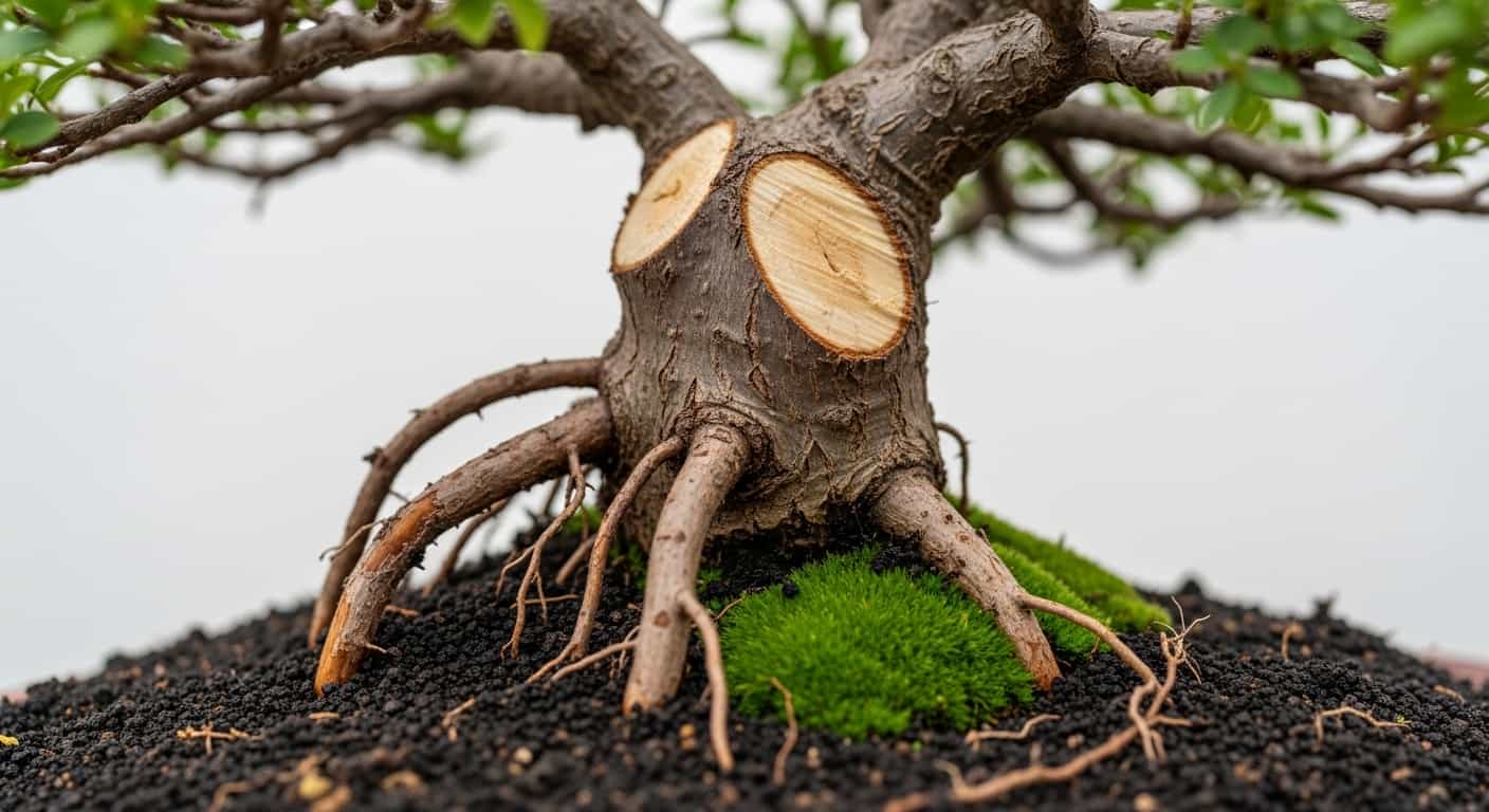 Close-up of a bonsai tree's root system after pruning, showing fresh cuts in the soil with vibrant green moss.