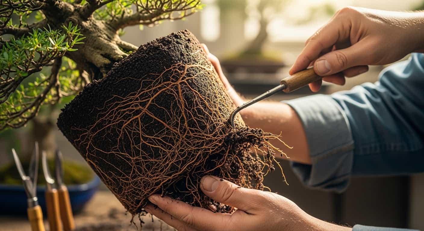 Close-up of master bonsai artist hands gently holding a mature Japanese Maple tree with exposed root ball and nebari during repotting, with wooden root hook and blurred workshop background.