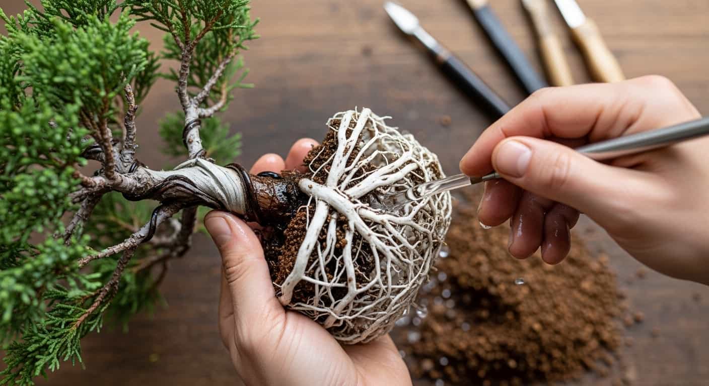 Close-up of root washing a juniper bonsai tree, rinsing bare roots to improve nebari and health during repotting.