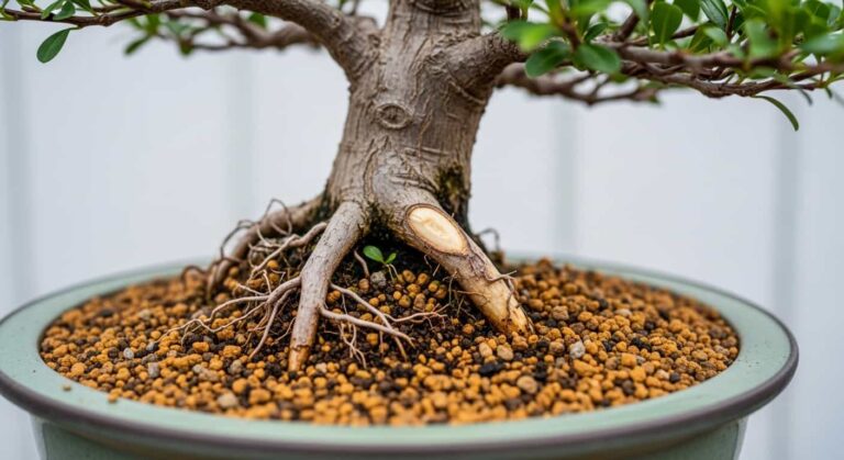 Healthy bonsai tree roots after pruning, repotted in granular akadama soil mix, showing proper healing and no signs of root rot.