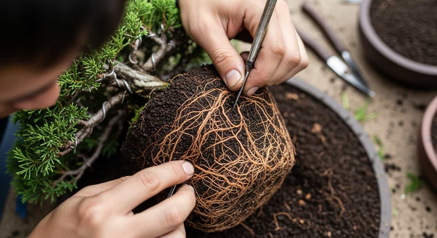 Close-up of bonsai artist's hands carefully pruning the intricate root ball of a juniper bonsai tree during repotting, showing healthy fine roots and dark soil.
