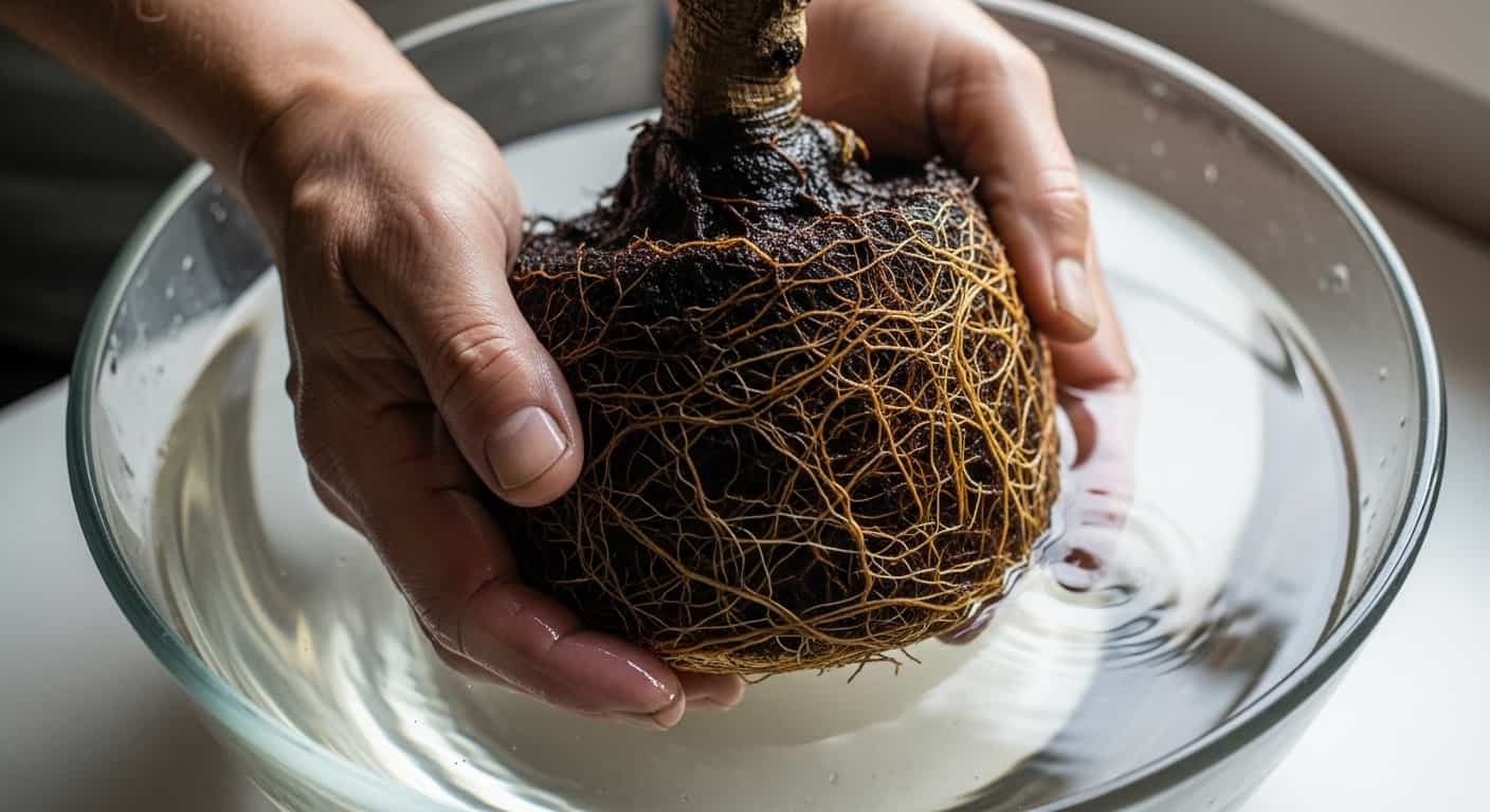 Bonsai roots submerged in water being held by hands during repotting process