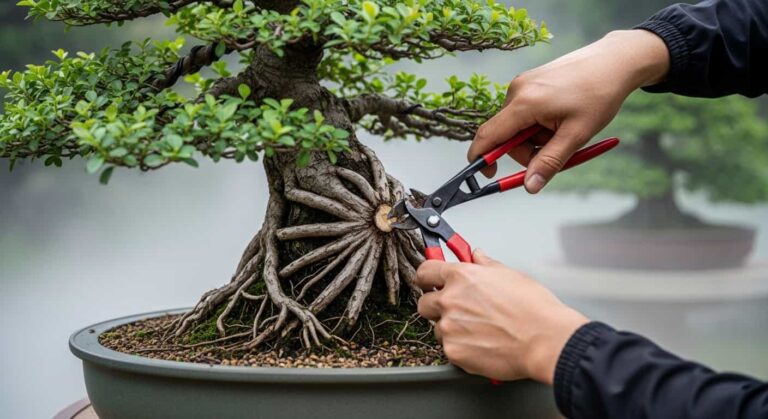 Precision pruning of a bonsai tree's nebari with professional root cutters in a serene garden setting.