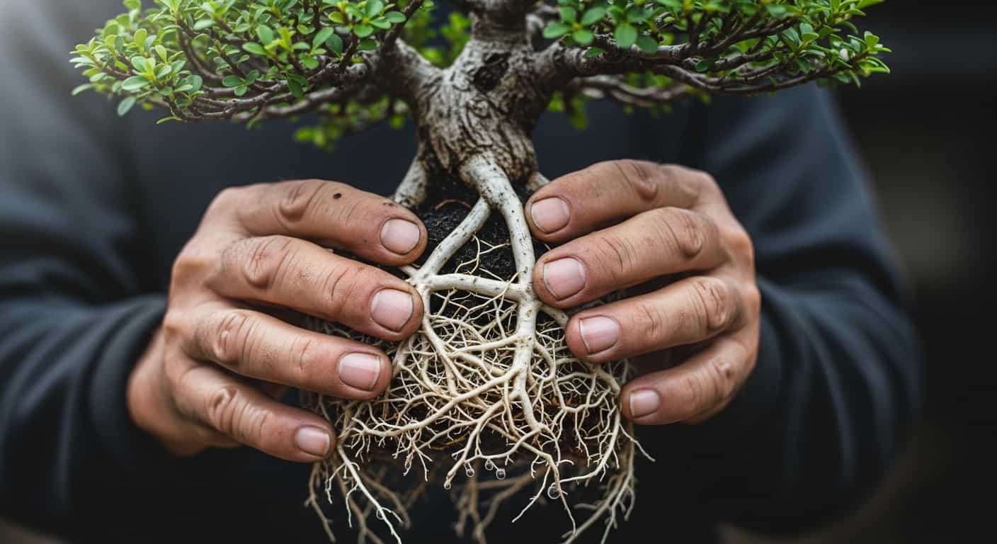 Close-up of hands holding bonsai tree with clean exposed white roots during root washing procedure