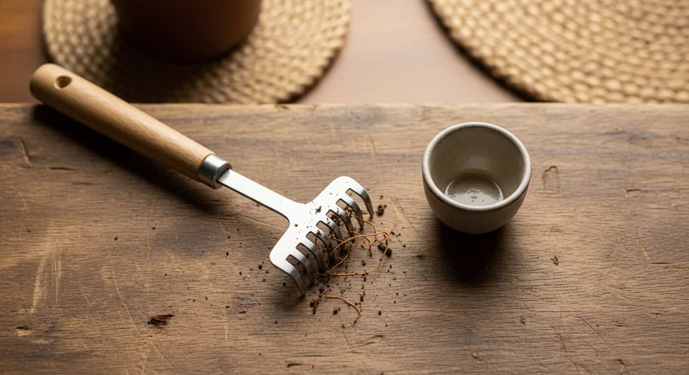 stainless steel bonsai root rake with soil on tines resting on wooden workbench next to empty ceramic pot