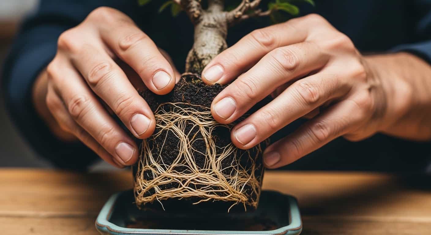hands holding bonsai tree with exposed root system during root pruning
