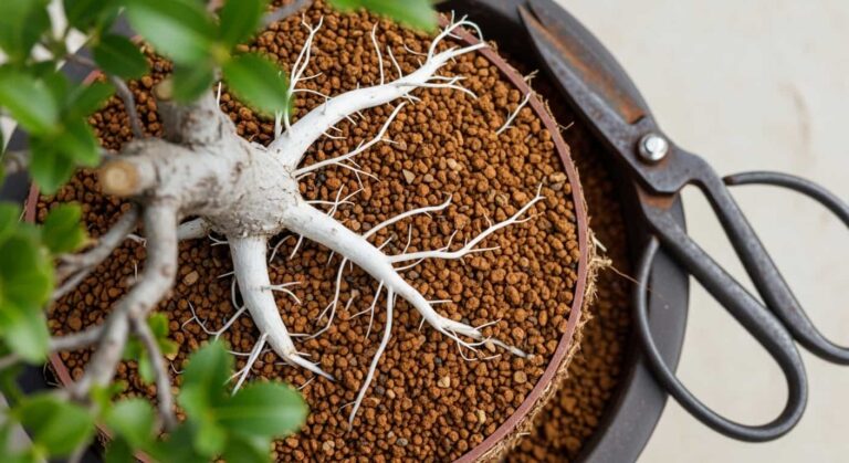Close-up of a bonsai tree with trimmed white roots being repotted into fresh granular soil, with an old rusty tool nearby symbolizing the risk of root rot.