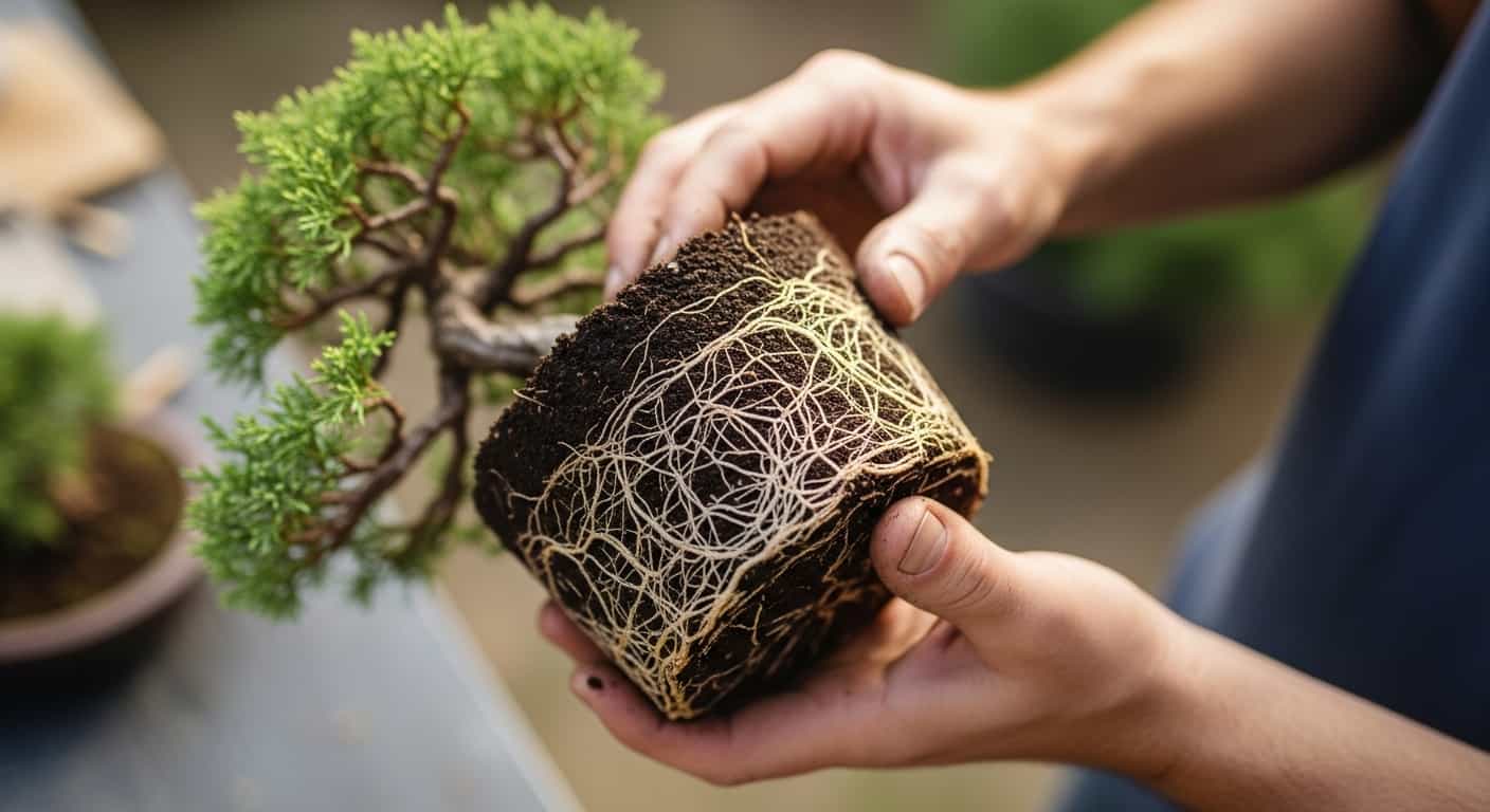 Close-up of hands holding a juniper bonsai with exposed root ball during root pruning, showing healthy fine roots and soil.