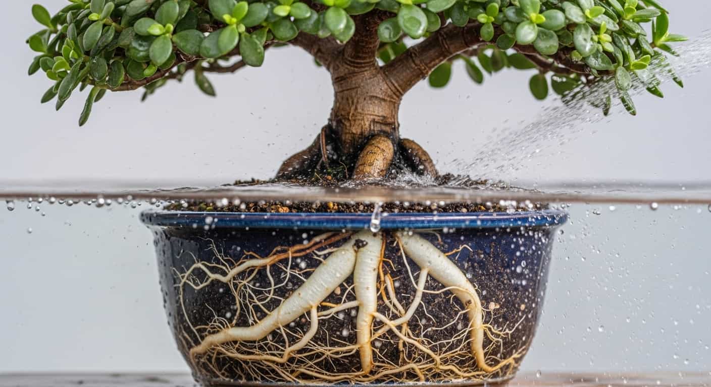Split-level macro photograph of a jade bonsai tree showing its lush green foliage above soil and a detailed, clean root system being washed with water below.