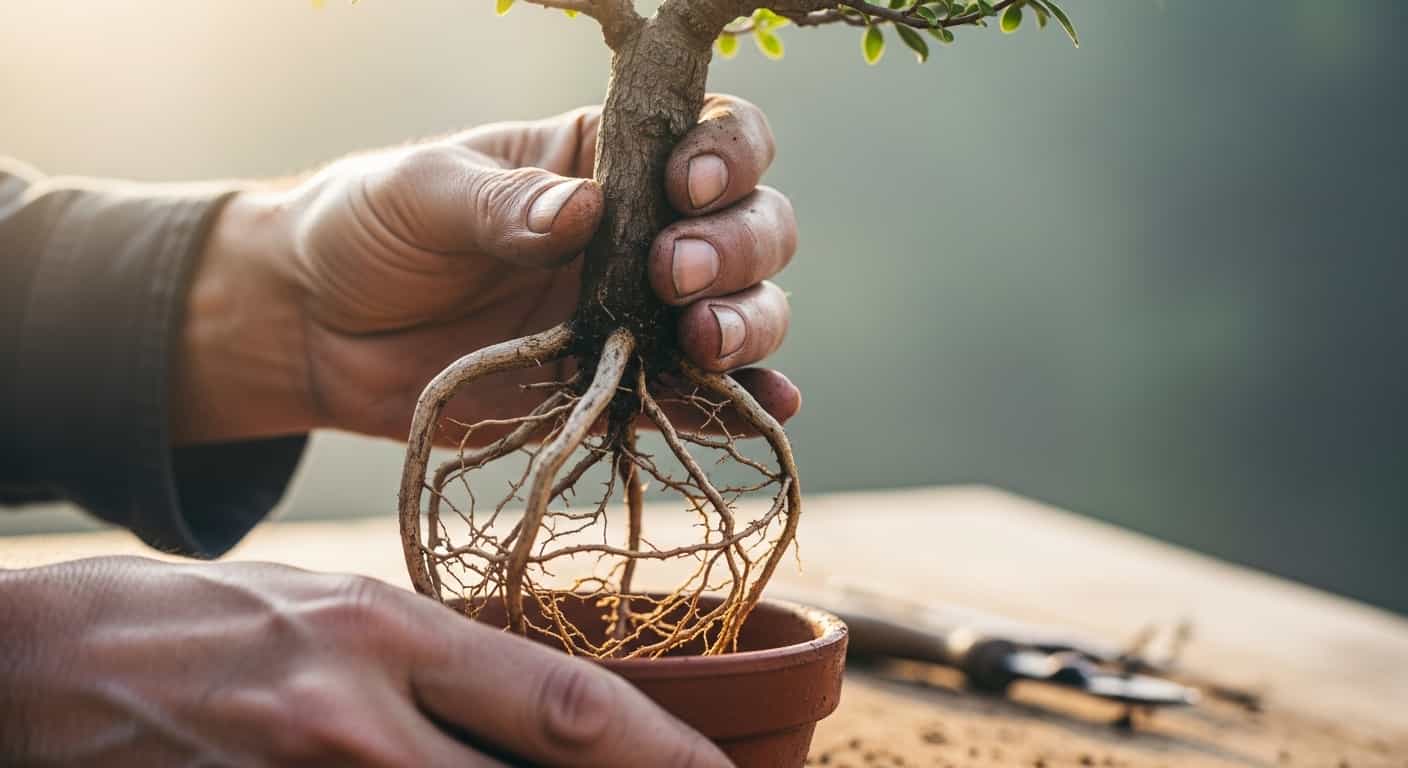 Close-up of bonsai roots being pruned during repotting in late winter, weathered hands carefully exposing radial root structure for healthy tree development