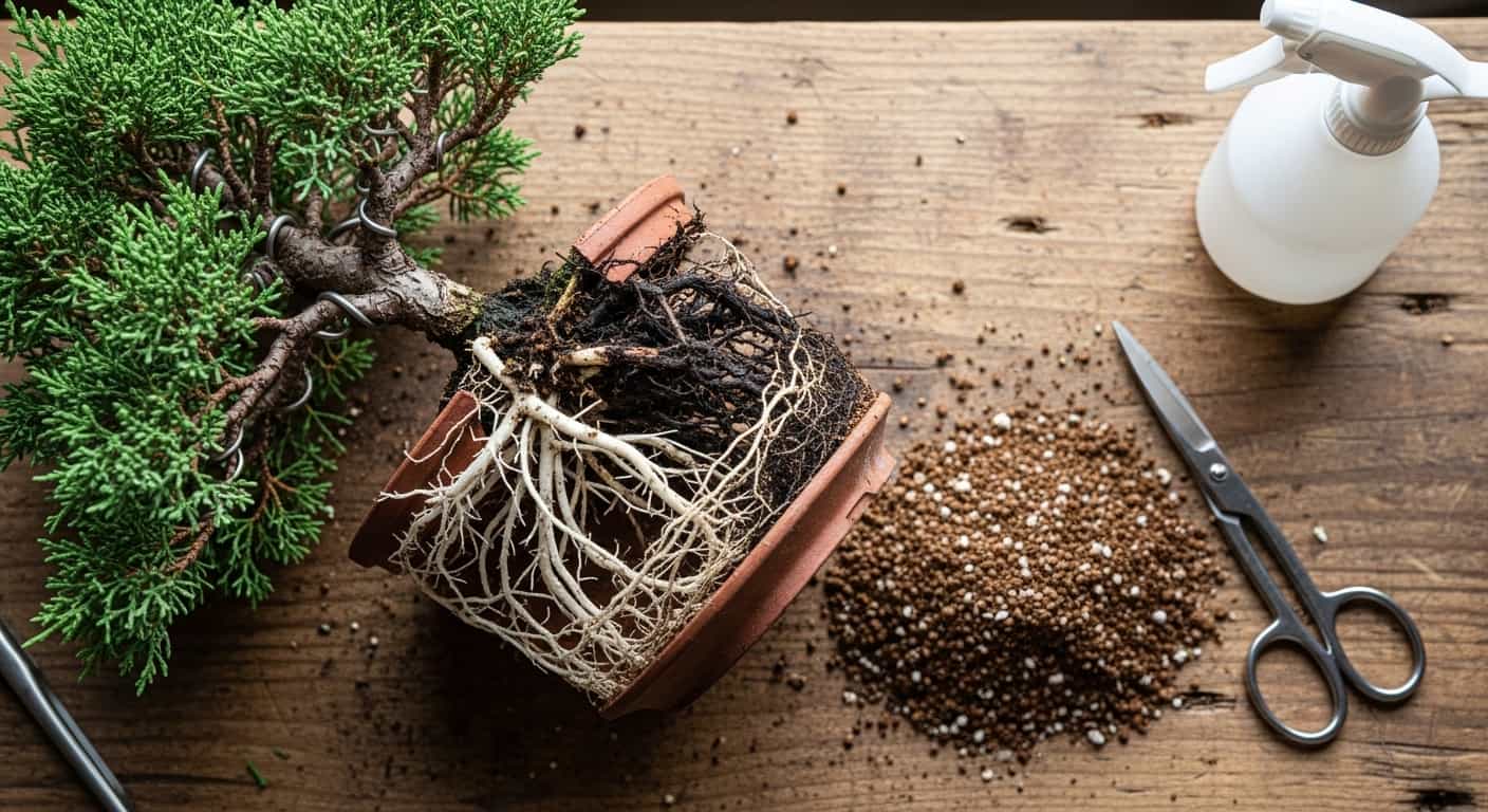 Juniper bonsai tree with visible root rot being repotted on a wooden table, showing contrast between healthy and decaying roots.