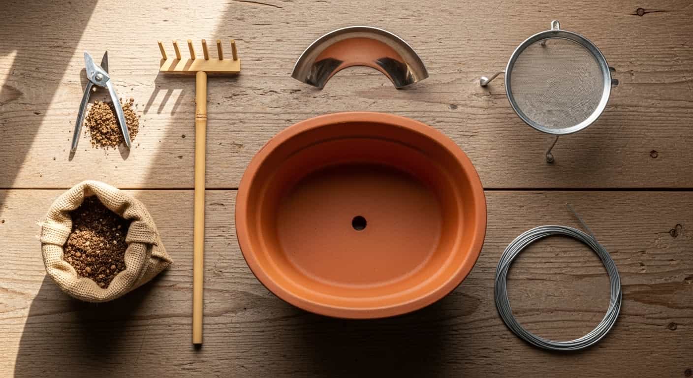 A close-up cross-section of a dense and healthy bonsai root ball with white roots intertwined in dark soil, emphasizing the delicate root system affected by repotting.