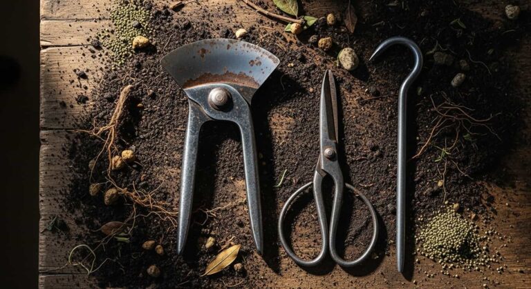High-angle view of essential bonsai tools including a concave cutter, root scissors, and a root hook resting on soiled wood, ready for repotting season.