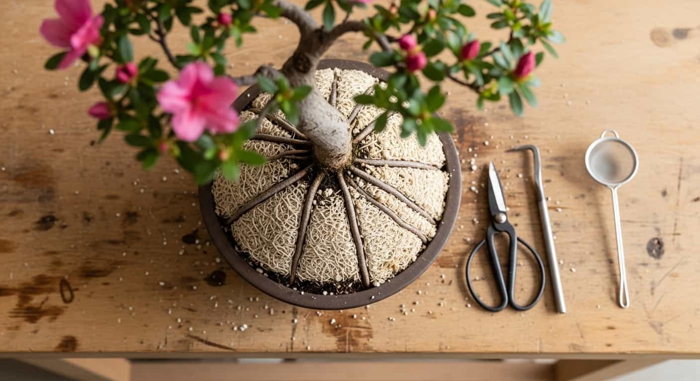 Top-down view of an azalea bonsai freshly repotted in Kanuma soil, with pruning shears, root hook, and sieve on a wooden workbench, illustrating essential tools and technique for post-root pruning care.