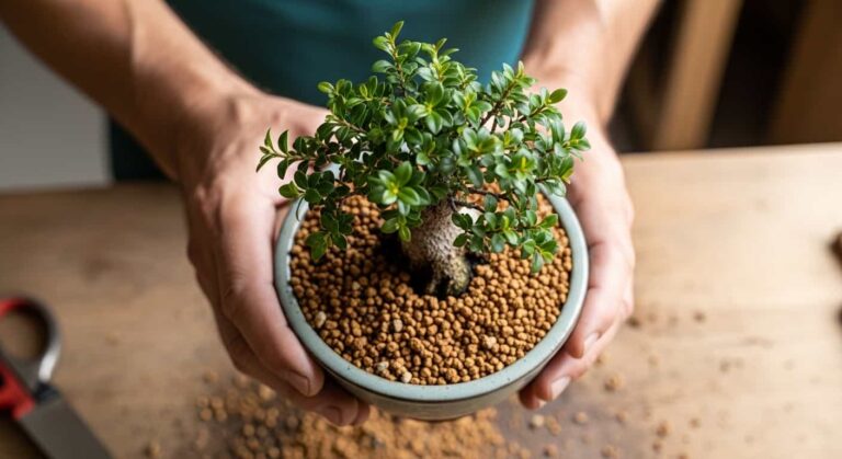 Weathered hands gently holding a healthy green bonsai tree in a ceramic pot with well-draining akadama and pumice soil, symbolizing proper care after root pruning.